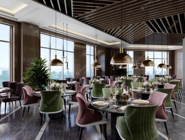 Cafe modern dan mewah dengan desain kaca floor-to-ceiling